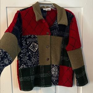 Women’s Fuzzy Patchwork Jacket Red, Green, Blue Medium Button Front Teddy Cabin